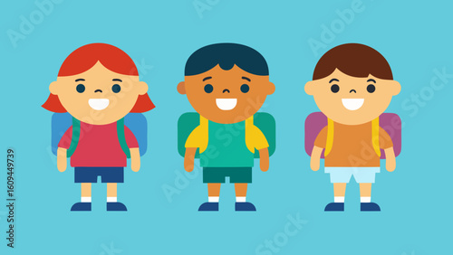 Flat Art of Happy Children with Colorful Backpacks