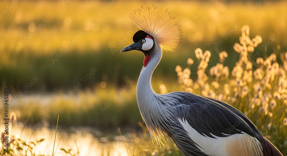 Obraz premium Elegant Grey Crowned Crane Portrait in Lush Green and Golden Field Ambience