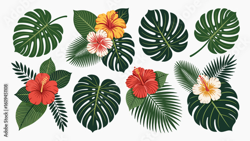 Tropical Paradise Blooms: Vibrant hibiscus flowers and lush monstera leaves create a stunning floral design that evokes summer vibes and tropical elegance