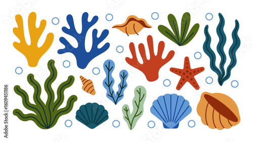 Vibrant undersea elements featuring whimsical coral, seashells, and starfish, perfect for summer designs and oceanic themes, bringing marine life to your project