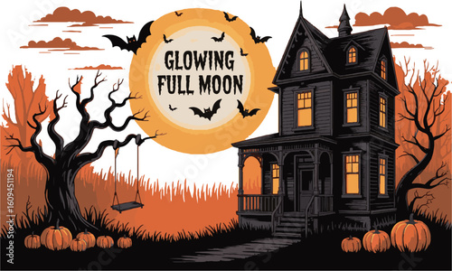 Modern vector illustration of a Happy Halloween scene with haunted houses,  haunted houses, pumpkins, bats, and empty trees, easily editable.
