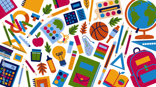 Vibrant school supplies flat lay for back to school projects, education resources and classroom decoration materials with globe, backpack and art supplies