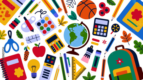 Vibrant school supplies flat lay perfect for educational content, back to school promotions, and creative projects for students and teachers alike