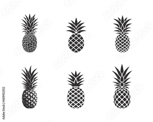 Set of pineapple, silhouettes and pineapple icons isolated on white background.