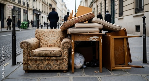 Discarded furniture on a Paris street, highlighting urban decay and consumerism implications, old