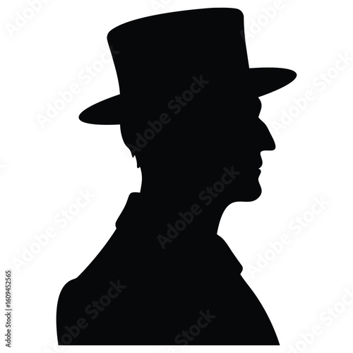 Black silhouette of Victorian gentleman in top hat, side profile of vintage man in formal attire, simple vector illustration - EPS