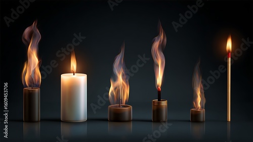 Vector 3D realistic flame set including candle and match fire isolated on transparent background for design and clipart use
