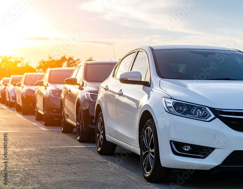 Cars lined up at sunset