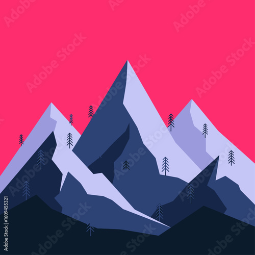 Minimalist illustration of three mountain peaks against a pink sky, with stylized pine trees.