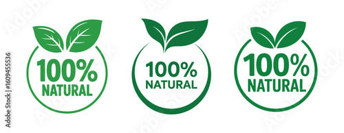 100% Natural Certified Green Labels - Organic Product Badges and Eco-Friendly Leaf Icons