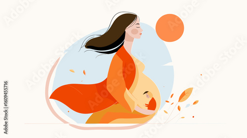 Pregnant woman holding baby bump while walking in warm colors  