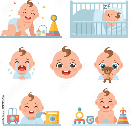 A collection of adorable baby illustrations showcasing various emotions and activities, from playful crawling to peaceful sleep.