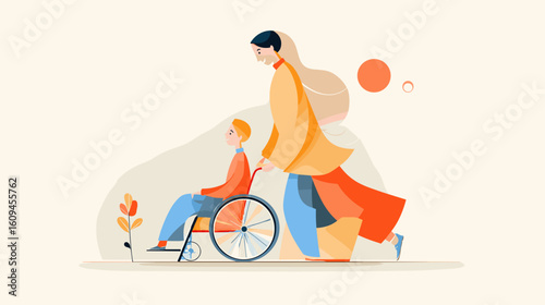 Woman pushing child in wheelchair while walking on beige background  