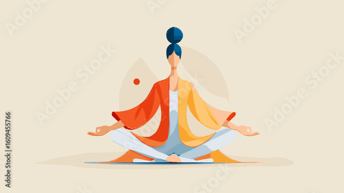 Woman meditating in a lotus position wearing colorful robe  
