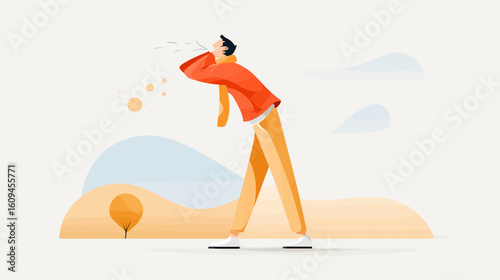 Young man sneezing while walking in a minimalist landscape  