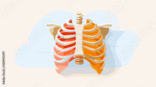 Anatomical illustration of human ribcage with spine on soft background  