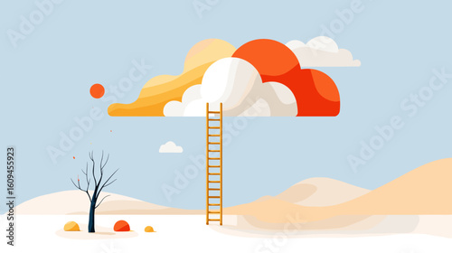 Surreal landscape with a ladder leading to a cloud in the sky  