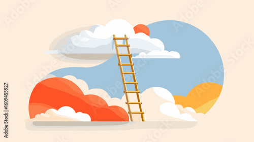 Ladder reaching towards colorful clouds in a whimsical sky  