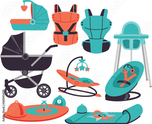 A collection of baby products including strollers, carriers, high chairs, and play equipment.