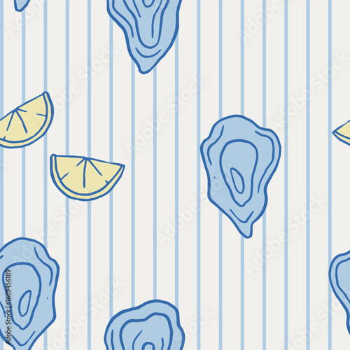 Oyster and lemon seamless pattern. Hand drawn whimsical seashell seafood wallpaper on blue stripes. Mediterranean summer coastal pattern. Seafood party menu. Cute sea market background design, vector