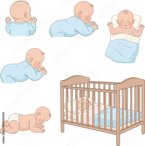 Illustrations of a baby in various positions, including crawling, sleeping, and lying down, alongside a crib.