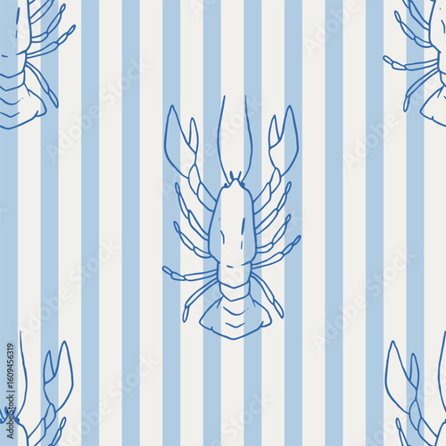 Lobster seamless pattern. Hand drawn whimsical lobster seafood wallpaper on blue stripes. Mediterranean summer coastal pattern. Seafood party menu. Cute sea market background design, vector 