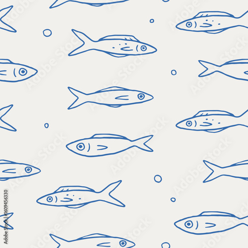 Sardines seamless pattern. Hand drawn sardine fish under water in navi blue color wallpaper. Nautical pattern. Mackerel, tuna, anchovies fish. Cute sea theme background illustration design, vector 