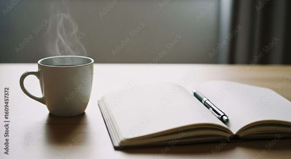 A quiet morning moment embracing the Slow Life concept with a steaming cup and a blank notebook. A quiet morning moment embracing the Slow Life concept with a steaming cup and a blank notebook.