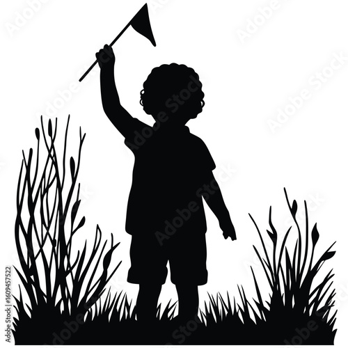 Playful child silhouette waving flag amidst tall grass, evoking innocence and carefree adventures