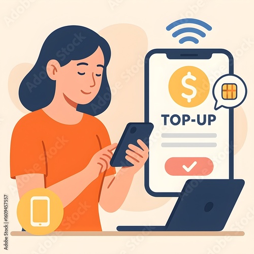 Mobile Credit Top-Up 2D Illustration of Woman Using Smartphone App
