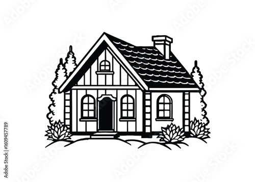 Silhouette of cottage isolated on a white background