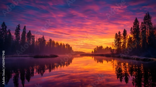 Vibrant sunrise over lake and forest colorful sky serene reflections peaceful nature beauty warm light scene