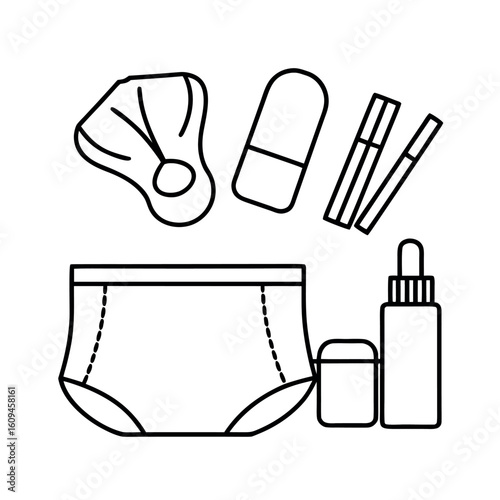 Postpartum Care Kit Vector Illustration Diapers Mommy Essentials and Newborn Supplies Design