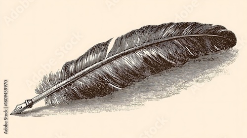 Vintage feather quill pen illustration in hand drawn style for writing themes and antique design projects