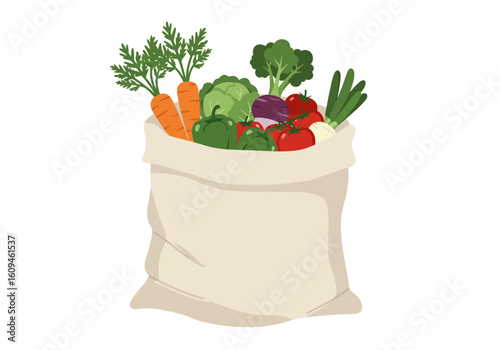 A canvas bag brimming with carrots tomatoes broccoli green onions cabbage red onion and green peppers
