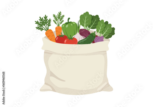 A cloth bag holds carrots tomatoes pepper lettuce eggplant garlic cucumber  red onions
