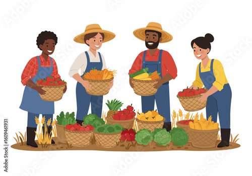 Farmers glean crops in baskets tomatoes carrots zucchini lettuce pineapple peppers cabbage corn