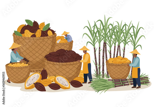 Farmers with baskets of cacao pods sugarcane stalks and workers with conical hats