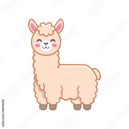 A charming cartoon illustration of a llama with a cute and friendly expression. The llama has a fluffy coat and is standing gracefully