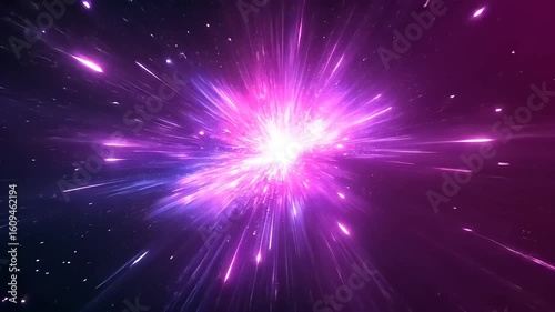 Vibrant cosmic explosion with rays of purple and blue light radiating into the vast universe