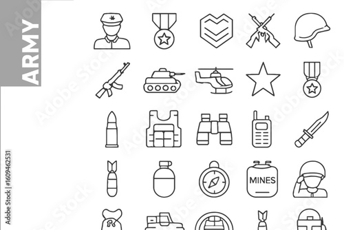A collection of Military And Army -related line icons, 