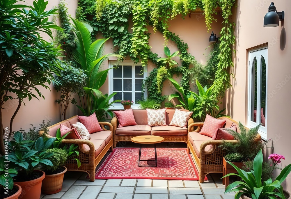 Cozy courtyard sofa, small tables, lush greenery, natural, view Cozy courtyard sofa, small tables, lush greenery, natural, view