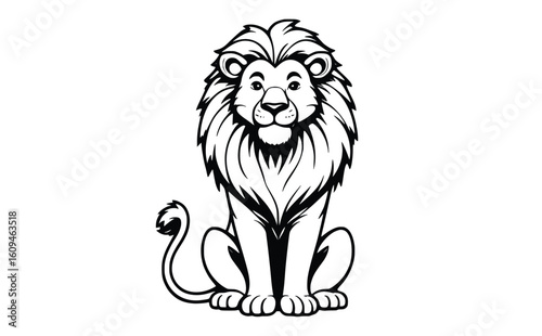 "Cute Sitting Lion Coloring Page – Cartoon Jungle King Line Art"