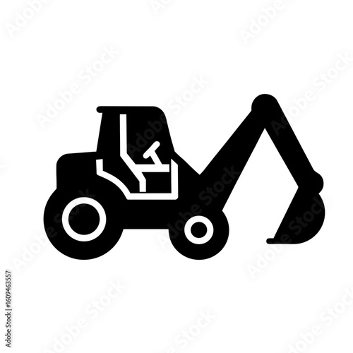 Backhoe loader icon in solid style representing digging construction machine