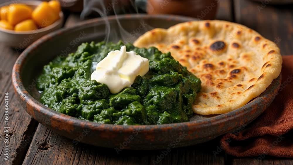 Warm Sarson ka Saag with Makki di Roti and Malai, Rustic Comfort Food, Butter Melting, Authentic Indian Cuisine, Hearty Winter Meal, Delicious