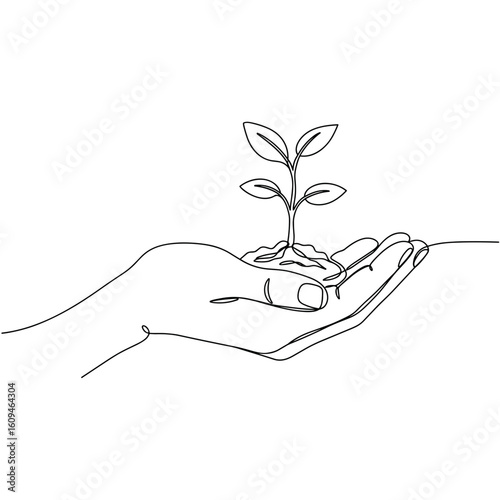 Black line drawing of hand holding sprout on transparent background  