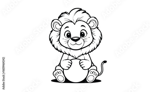 "Baby Lion Sitting Drawing – Smiling Jungle Cub Line Art"
