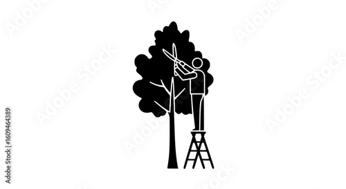A man trimming a tree black and white icon