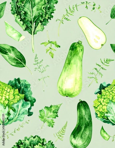 Seamless Pattern of Rare Green Vegetables in Watercolor Style
