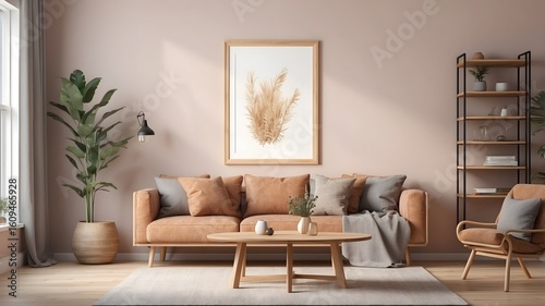 A modern living room interior featuring cozy, plush white sofas a wooden side table with decorative items, and minimalist decor. Home decor. Template.